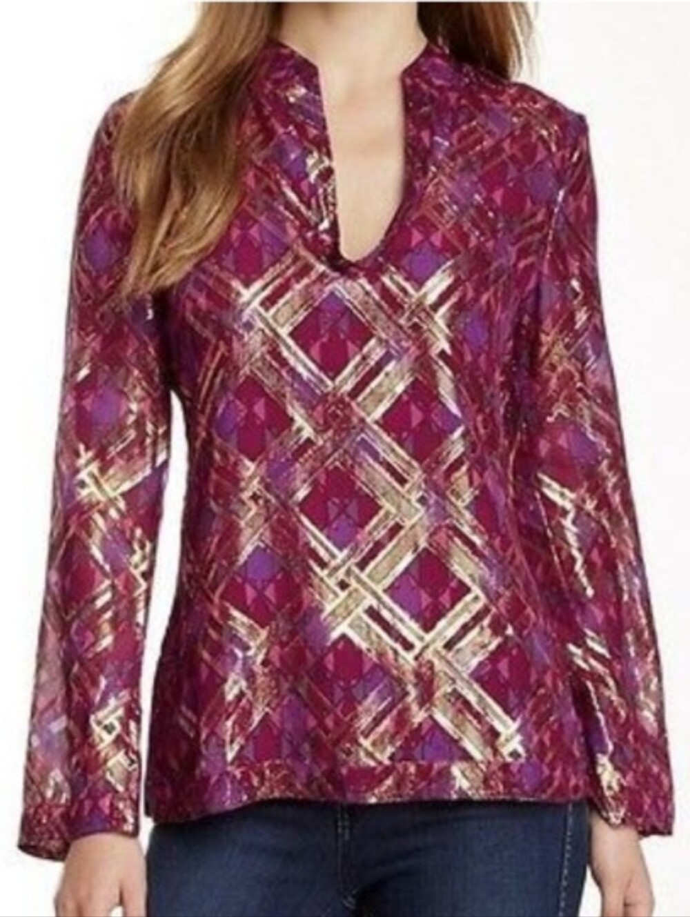 Tory Burch Silk Tunic Blouse with Metallic Detail Sz. 2